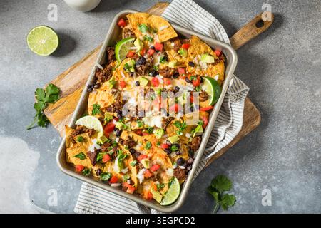 Homemade Mexican Beef Birria Nachos with Cheese Beans and Avocado Stock Photo