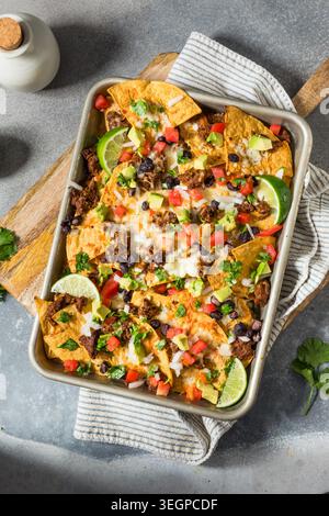 Homemade Mexican Beef Birria Nachos with Cheese Beans and Avocado Stock Photo