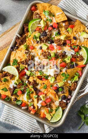 Homemade Mexican Beef Birria Nachos with Cheese Beans and Avocado Stock Photo