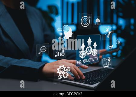 AI productivity automation and business workflow optimization concept. Professional using laptop with growth arrows, analytics, target, cloud, brain Stock Photo