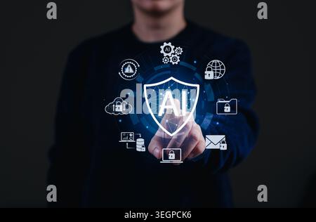 AI cybersecurity protection and data privacy shield concept. Person touching AI security interface with lock icons, cloud, email, database, network Stock Photo