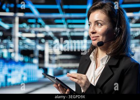 Friendly data center customer service agent uses headset mic to talk with users. Smiling server room employee talking in microphone during remote call, resolving support tickets for enterprise clients Stock Photo