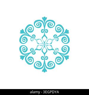 Blue template snowflake with shadow. Isolated snowflakes icon, round mandala. Winter Holiday cartoon flat illustration. Merry Christmas and New year Stock Vector