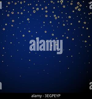 Gold sparkling star confetti. Chaotic dreamy childish overlay template. Festive stars vector illustration on dark blue background. Stock Vector