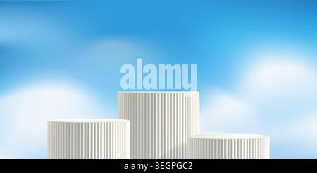 White poduim on sky bg, product platform in blue cloud. Cosmetic display summer stand, Spring nature banner. Minimal stage mockup, abstract vector pas Stock Vector