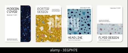 Brochure cover design. Terrazzo abstract background made of natural stones, granite, quartz and marble. Venetian terrazzo texture brochure template. Stock Vector
