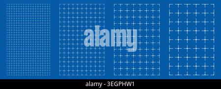 Blueprint grid set Star rounded geometry, four scale variations. Wide medium dense micro spacing comparison, engineering layouts dashboards notebook pages interface planning systems technology graphic Stock Vector