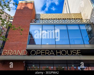 Belfast, UK, April 21, 2026. The exterior facade of the historic Grand Opera House on Belfast Great Victoria Street on a sunny day Stock Photo