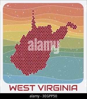 West Virginia, United States vintage logo. Hexagon dots shape of the state on retro colored stripe waves background. Stock Vector