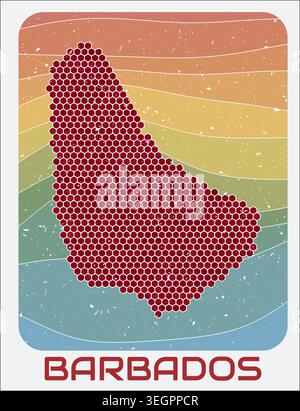 Barbados vintage logo. Hexagon dots shape of the country on retro colored stripe waves background. Barbados map design with grunge scratch texture. Stock Vector