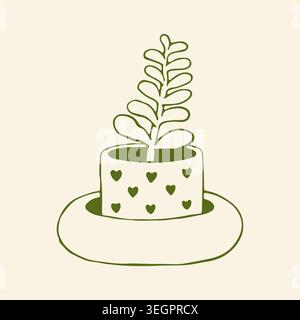 Hand drawn vector illustration of a small succulent plant in a cute heart pattern ceramic pot. Minimalist green line art of a houseplant isolated on a Stock Vector