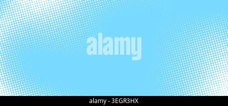 Bright blue halftone background. Fading retro comic gradient pattern. Pixelated dotted cloud texture overlay. Cartoon pop art grain backdrop for poster, banner, advertisement, brochure. Vector Stock Vector