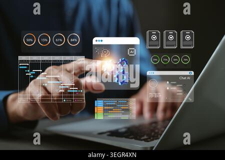 Expert improves ai, automation, system, project, management, dashboard, digital, workflow, data, analytics, technology, innovation, business, efficien Stock Photo