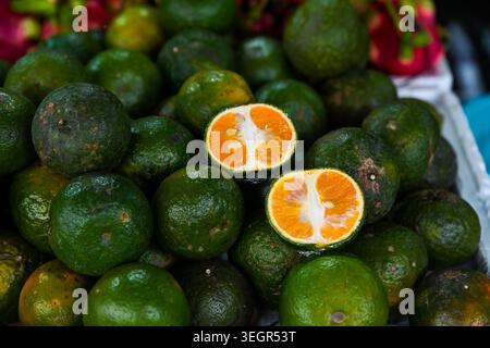 A close up view of fresh green cam sanh king orange fruit with bright orange pulp at a traditional street fruit market stall in Hoi An Vietnam Stock Photo