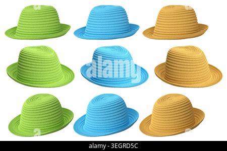 Set of woven straw hats shown from different angles isolated on white background, showcasing summer fashion accessories. Stock Photo
