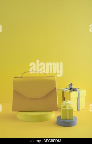 A woman's handbag and two gift boxes sit on a yellow table in a bright, sunny room. Stock Photo