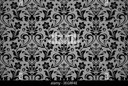 Wallpaper in the style of Baroque. Seamless vector background. White and black floral ornament. Graphic pattern for fabric, wallpaper, packaging. Ornate Damask flower ornament Stock Vector