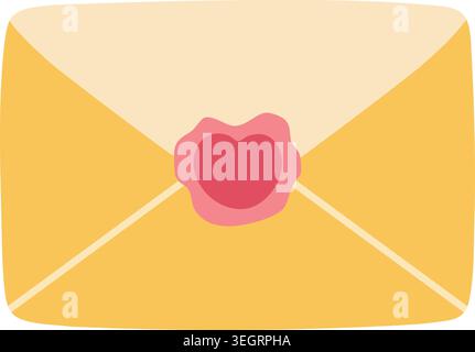 Simple illustration of a pale yellow envelope closed with a pink wax seal at the center Stock Vector