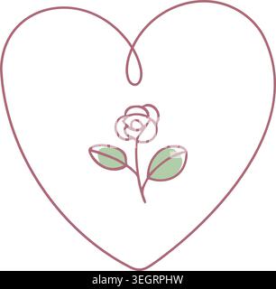 Simple illustration of a thin heart outline containing a delicate rose flower with leaves in the center Stock Vector