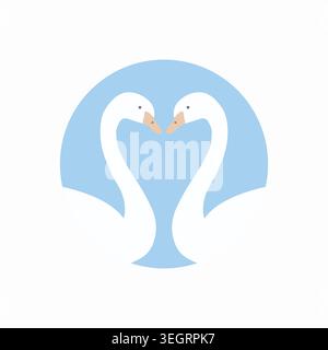 Simple illustration of two white swans facing each other inside a pale blue circular background Stock Vector