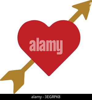 Simple illustration of a red heart shape pierced diagonally by a golden arrow Stock Vector