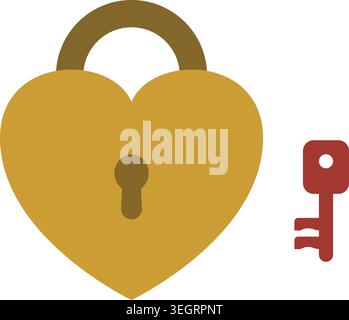 Simple illustration of a golden heart shaped padlock with a small red key placed beside it Stock Vector