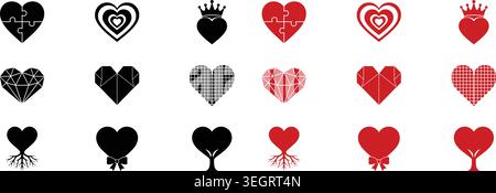 Collection of abstract heart vector icons including puzzle, origami, crowned, and rooted designs, representing diverse concepts of love, health, and e Stock Vector
