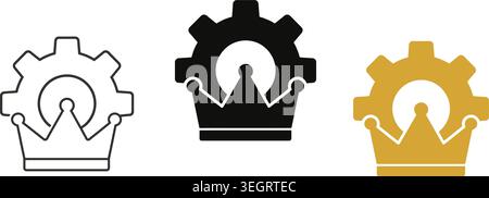 Set of vector icons combining a mechanical gear and a royal crown, symbolizing industrial leadership, engineering excellence, and premium manufacturi Stock Vector