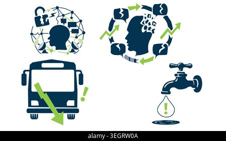 Set of 4 crisis icons, public transport decline, water shortage, cybersecurity risk and media misinformation, minimalist editorial vector Stock Vector