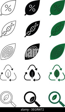 Set of conceptual leaf vector icons featuring percentage, DNA strand, fingerprint, recycle, and magnifying glass symbols, representing environmental r Stock Vector