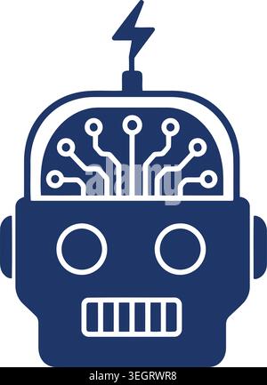 Blue vector icon of a robot head featuring a circuit board brain and a lightning bolt, representing artificial intelligence, machine learning, and sma Stock Vector