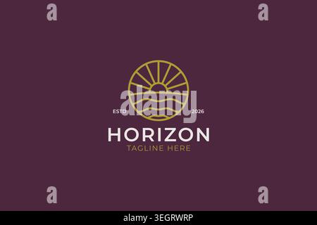 Sunset horizon line art logo design template with sun rays and sea waves circle badge for corporate branding identity lifestyle business Stock Vector