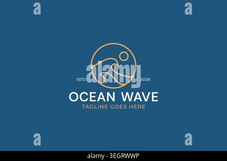 Ocean wave logo design template with sun and sea waves circle badge for line art corporate branding travel adventure business Stock Vector