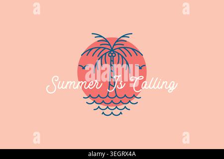 Summer is calling retro line art logo design template with palm tree sun and sea waves badge for corporate branding apparel business Stock Vector