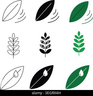 Set of vector plant icons featuring leaves emitting signal waves, botanical stalks, and leaves with water drops, symbolizing smart agriculture and hyd Stock Vector