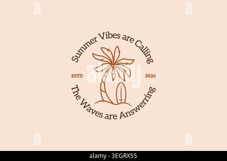 Summer vibes palm tree and surfboard line art logo design template with circular typography for vintage surf apparel coastal lifestyle branding Stock Vector