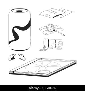 Assorted everyday Y2K 2D line objects set Stock Vector