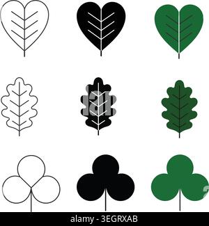 Collection of vector leaf icons including heart-shaped leaves, oak leaves, and clovers, representing a love for nature, strength, and luck. Stock Vector
