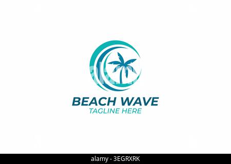 Tropical beach wave logo design template with palm tree circle icon for corporate branding identity and summer travel resort business Stock Vector