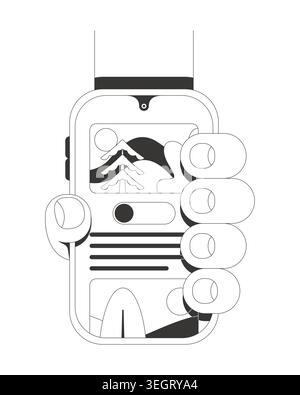Showing phone in portrait mode with app interface line neo brutalism tutorial graphic Stock Vector