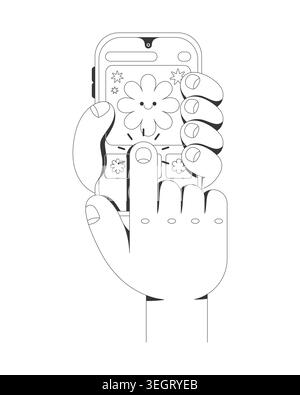 Finger selecting picture on phone screen for social media post line neo brutalism tutorial graphic Stock Vector