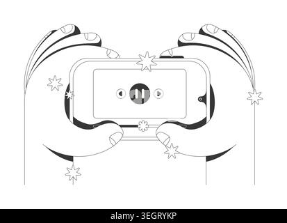 Hands holding horizontal phone with media player line neo brutalism tutorial graphic Stock Vector