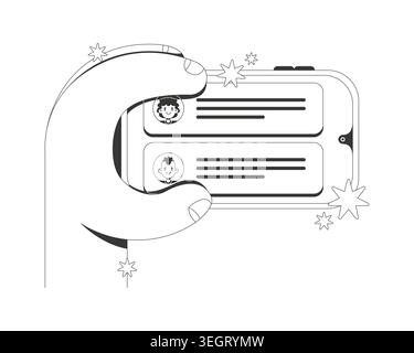 Holding phone horizontally with chat interface line neo brutalism tutorial graphic Stock Vector