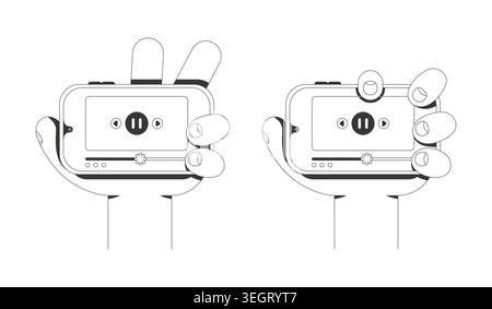 Holding phone with fingers in landscape mode line neo brutalism tutorial graphic Stock Vector
