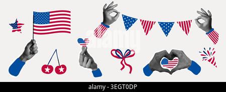 4th of July halftone collage set. Hand holding flag, heart and bunting. Independence day greeting elements. Independence Day of America, history, patriotism, holiday. Vector illustration Stock Vector