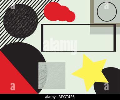 Playful retro Memphis-style background featuring bold geometric shapes, circles, star, rectangle frame and colorful blocks in red, yellow, black Stock Vector