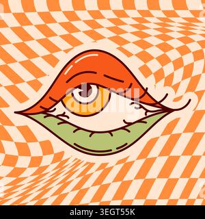 Groovy psychedelic eye with wavy orange checkerboard background. Stock Vector