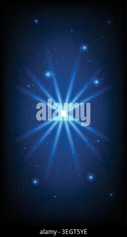 A central starburst light effect with multiple rays against a dark, starry and deep blue background Stock Vector