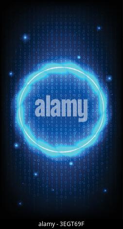 A futuristic bright glowing circle frame on a dark digital background with binary code Stock Vector