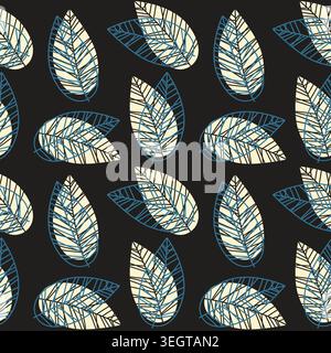 Seamless pattern with textured beige leaves and blue outline silhouettes on black background for scandinavian home decor, modern fabric printing and o Stock Vector